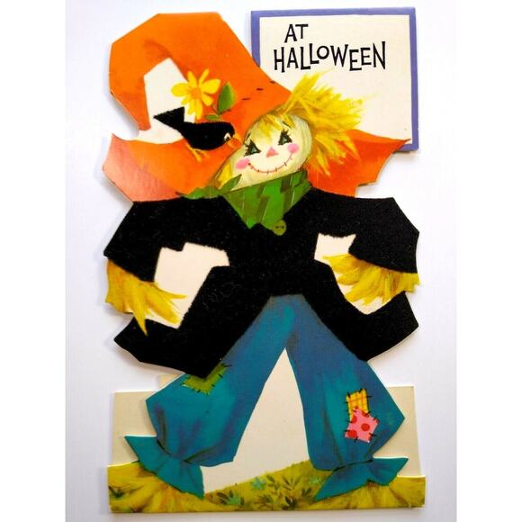 Vintage Halloween Greeting Card Flocked Diecut Standup Scarecrow & Black Bird - Picture 1 of 8